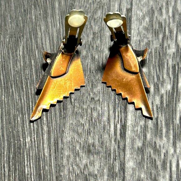 Vintage Copper Earrings Clip On Art Deco Statement Modern Wings Geometric - Picture 4 of 8